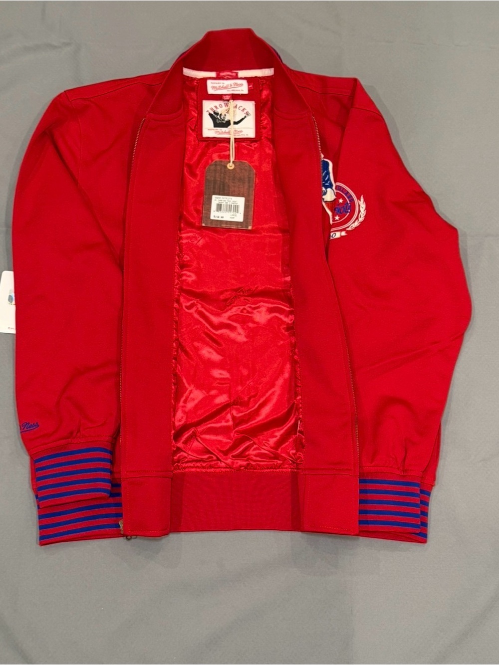 Mitchell & Ness New England Patriots Red Mens Jacket with Blue Stripe Cuffs